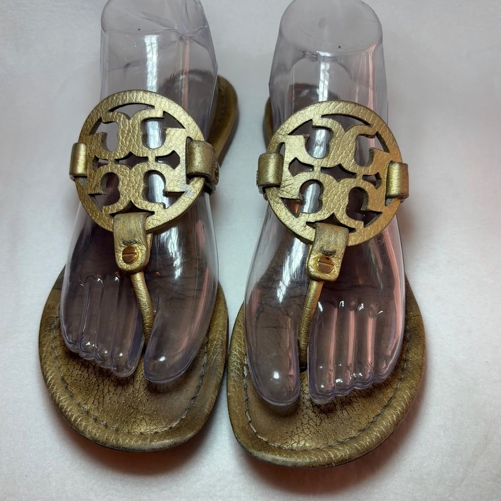 Tory Burch Miller Metallic Gold Leather Logo Thong Flat Sandals Womens